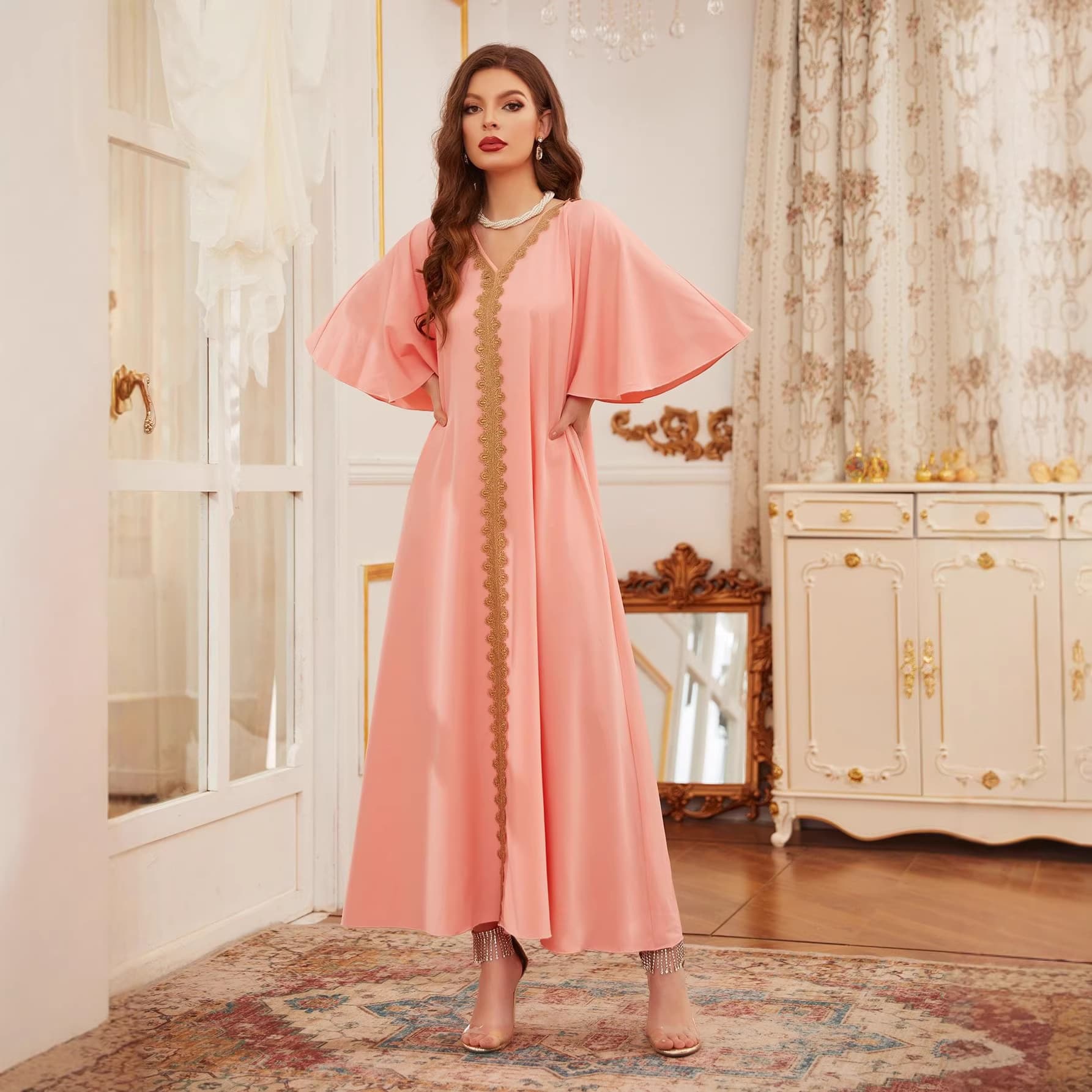2025 Cross-border European and American Women's Ethnic Style Solid Color Lace Trim Dress Long Robe