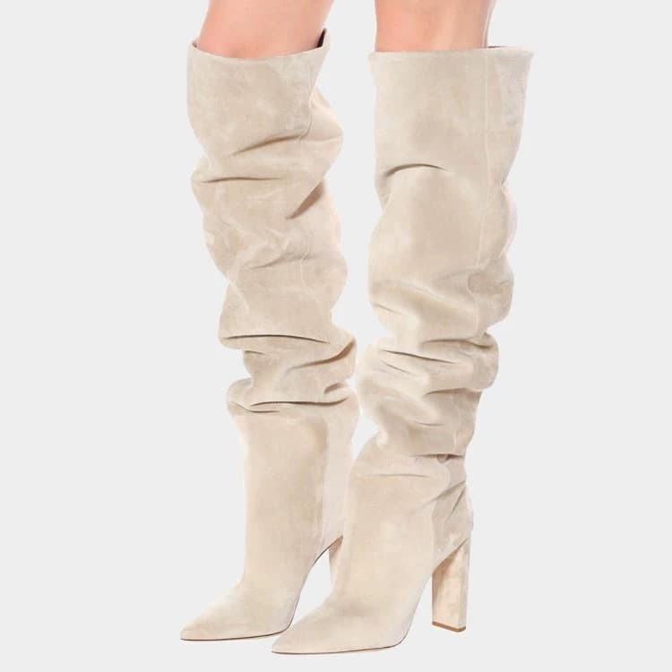 European and American Style Fashion Pleated Over-the-Knee Boots, Beige and Red Matte Finish, Chunky Heel High-Heeled Women's Boots, Plus Size