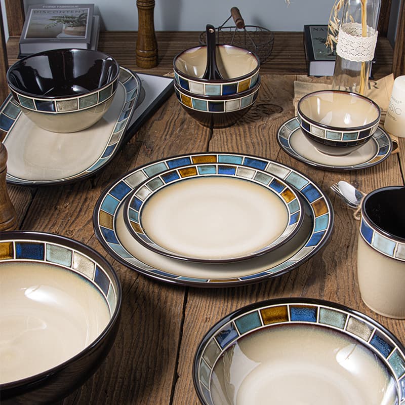 Blue Grid Hand-Painted Dinnerware Set Underglaze Color Porcelain Rice Bowl Salad Bowl Steak Plate Fish Plate Mugs for All Ages