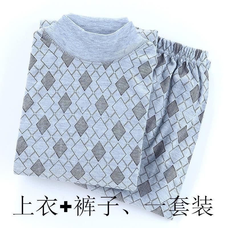 Autumn/Winter Thermal Underwear Set, Mid-Low Neck Printed Knit Top with Loose Fit Large Size Dad's Base Layer for Fall and Winter