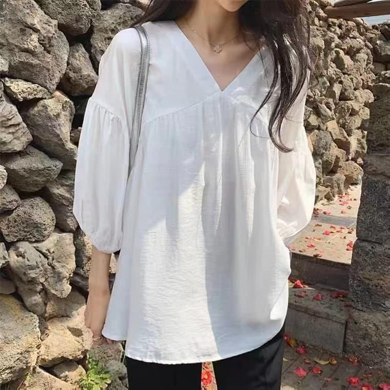 Babydoll Top Three-Quarter Sleeve V-Neck Korean Loose Puffy Base Layer New Style Shirt White Black Off-Shoulder