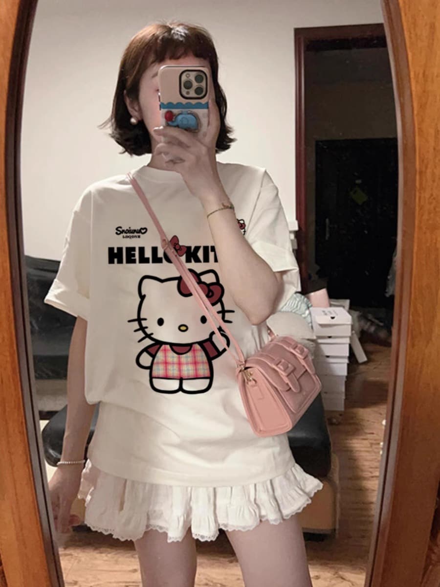 Sweet Hello Kitty Round Neck Printed T-Shirt Short Sleeve Women's Summer New Loose Plus Size Cotton Top