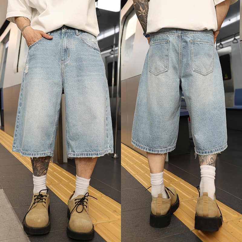 Vintage Light Blue Loose Wide Leg Denim Mid-Length Shorts, High-Street Washed Distressed Design, Niche Straight Leg Pants