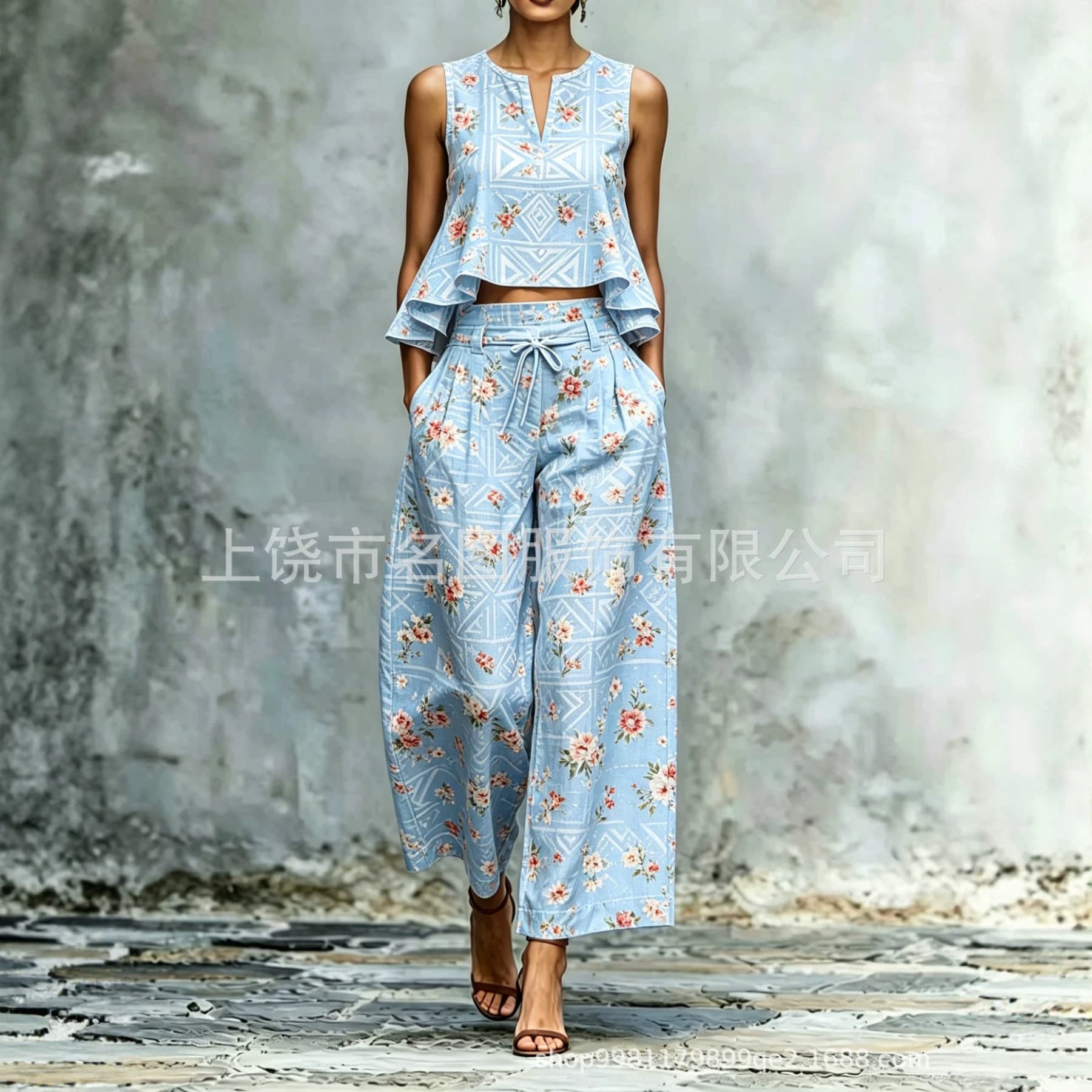 2026 Summer New European and American Vacation Style Printed Sleeveless Top and Wide-Leg Pants Set, Women's Casual Two-Piece Set