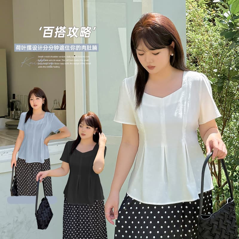French Square Neck Sweet Short Sleeve Chiffon Blouse Women 2025 Summer New Waist-Cinching Belly-Covering Flounce Hem Top 212395
