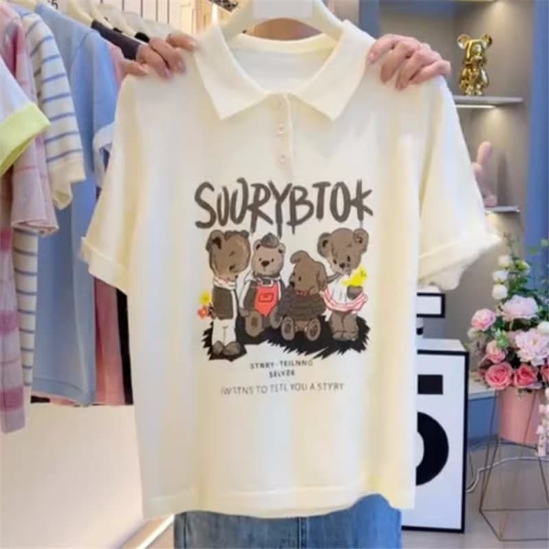 Summer New Casual Versatile Bear Print Polo Collar Short-Sleeved T-Shirt for Women, Loose Slimming and Age-Reducing Knitted Top