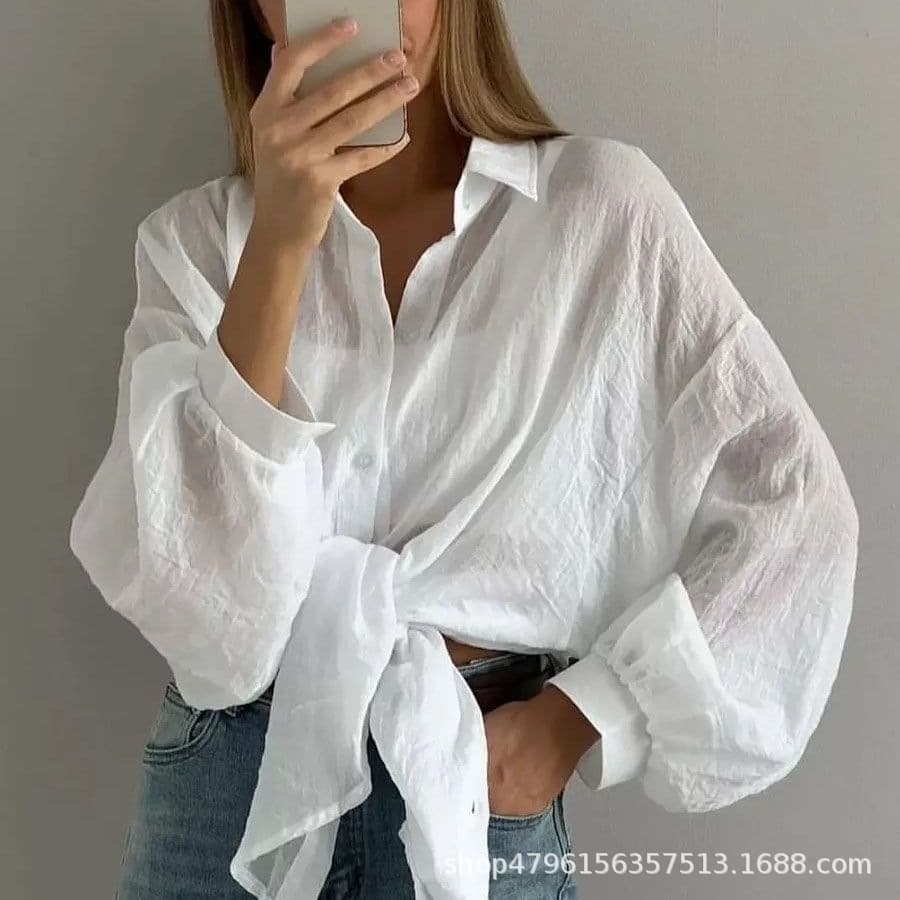 European and American Women's 2026 Spring/Summer Sheer Polo Neck Cardigan Shirt Loose Casual Comfortable Top Jacket
