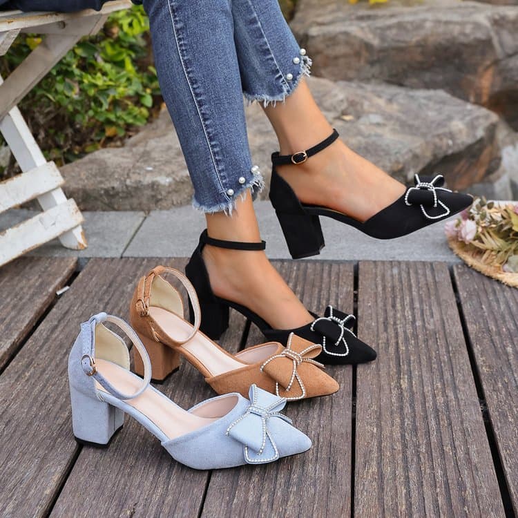 In Stock Pointed Toe High Heels 2026 Spring/Autumn New Bow Chunky Heel One-Strap Shoes for Gowns, Banquets, Wedding Shoes