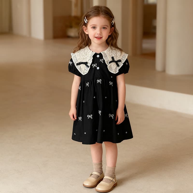New Summer Girls Dress with Bow Embroidery, Short Sleeve Children's Cotton Dress for Baby Girls
