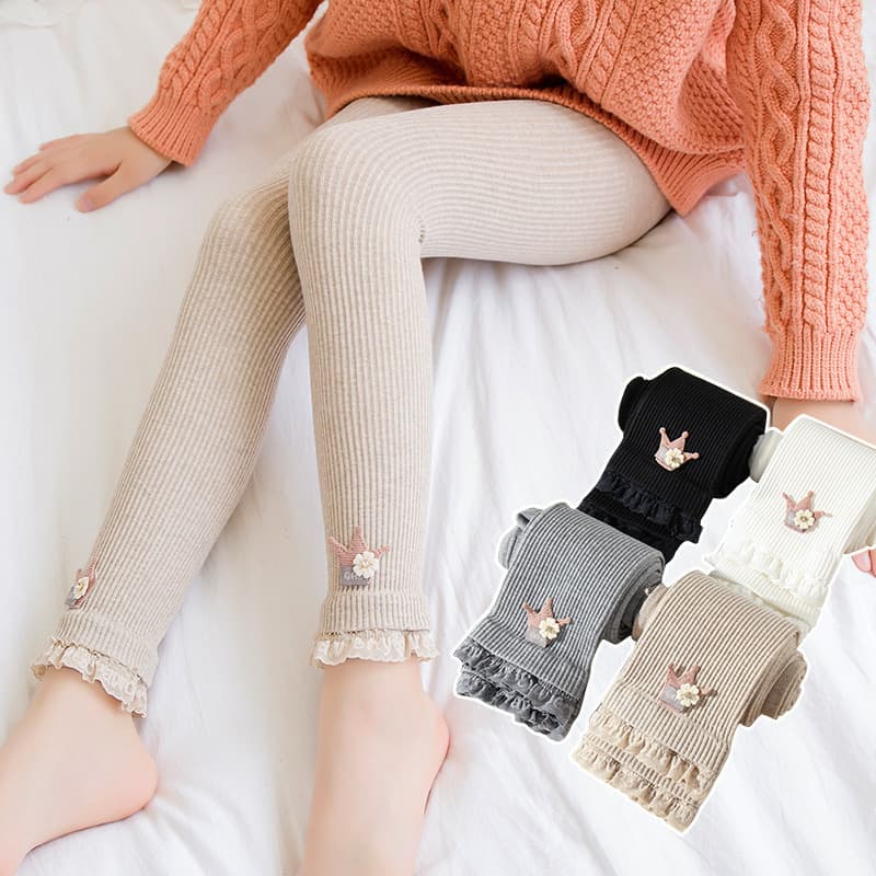 Autumn Girls' Leggings Baby Girl Vertical Stripe Crown Ankle-Length Lace Pants Medium and Large Child Combed Cotton Outerwear Pants