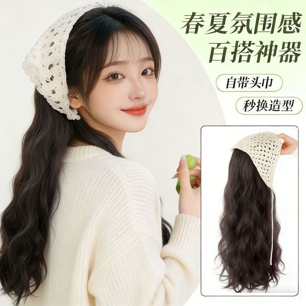 Women's Half Wig with Triangle Headscarf, Countryside Style, Fashionable Hat with Long Curly Hair, Headband Wig