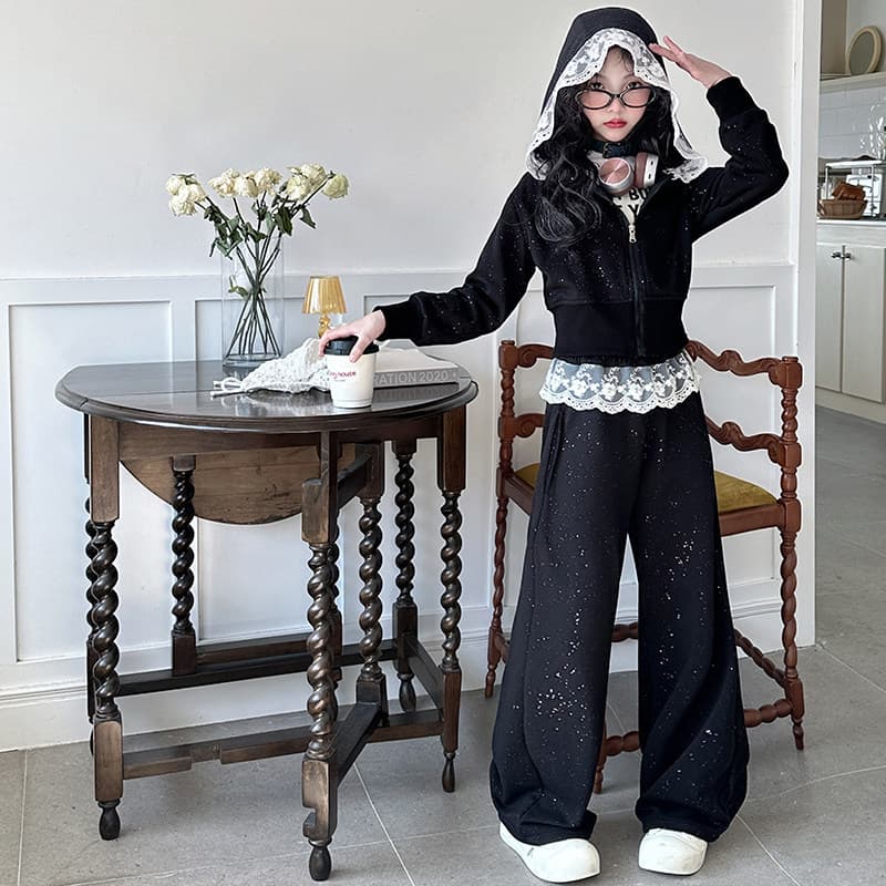 Girls' Fashionable Lace Trim Rhinestone Hoodie and Pants Two-Piece Set, Spring New Wide-Leg Pants Outfit for Older Kids