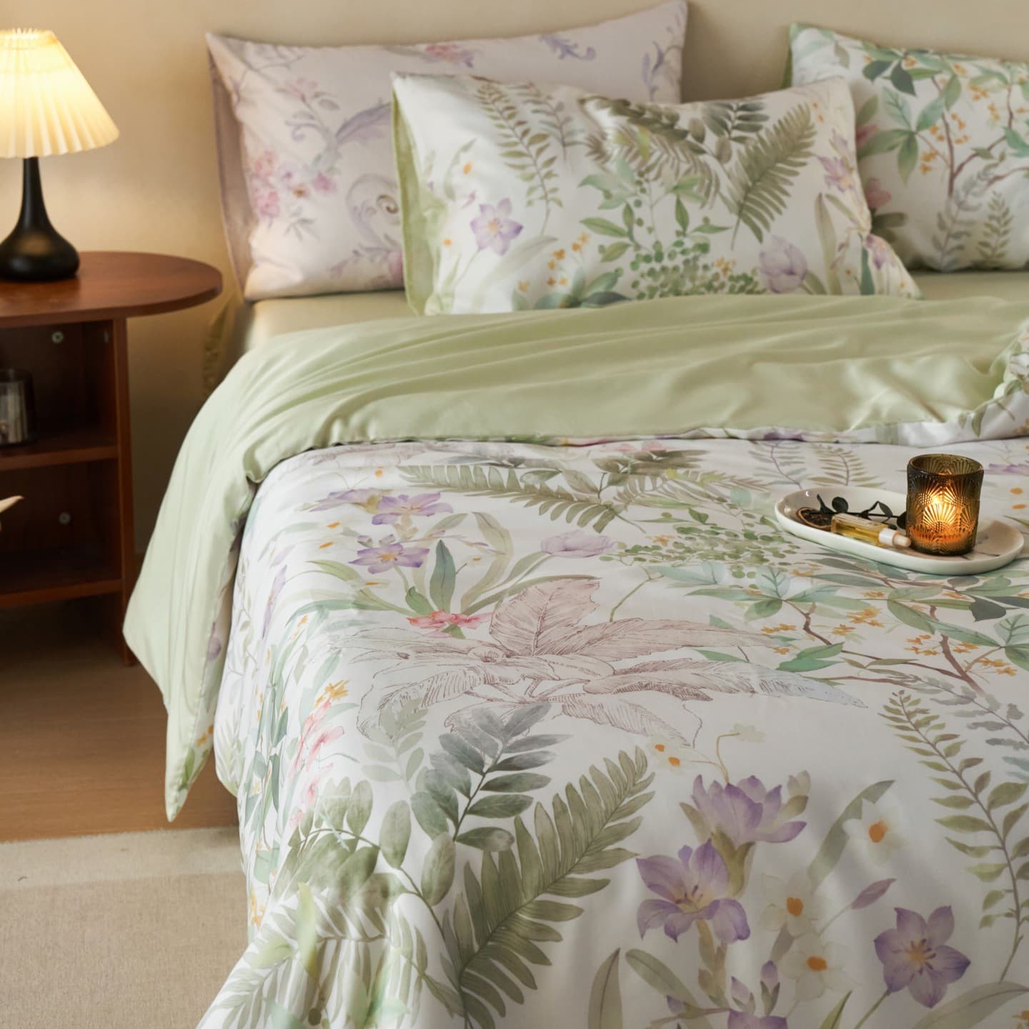 60s Tencel Lyocell Printed Bedding Set, Summer Cooling Silky Smooth Bare Sleep Duvet Cover, Flat Sheet, Fitted Sheet