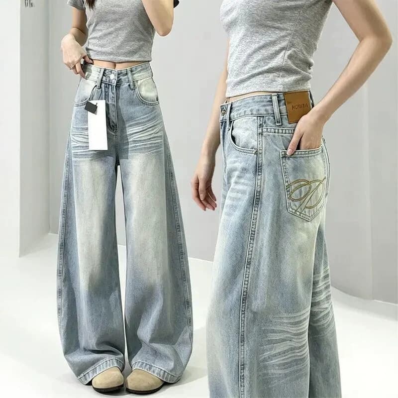 Small American style washed embroidered scimitar jeans for women new high waisted loose slimming versatile straight wide leg pants