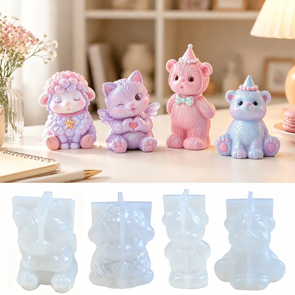 Cartoon 3D Cat Bear Sheep Epoxy Mold DIY Mirror Resin Decoration Keychain Silicone Mold
