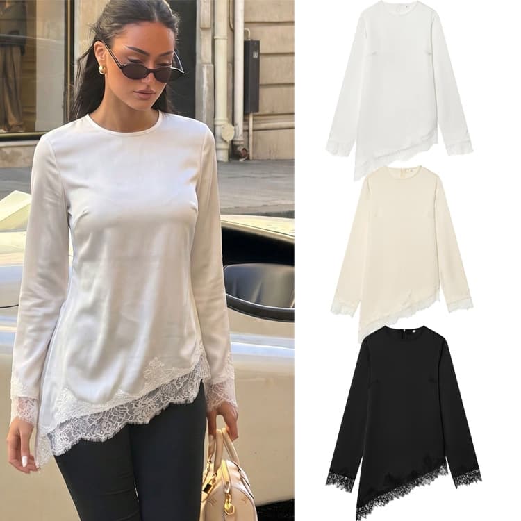 Cross-Border Women's Spring/Autumn New Arrival European and American Style Long Sleeve Round Neck Lace Patch Asymmetric T-Shirt Top Solid Color Base Layer