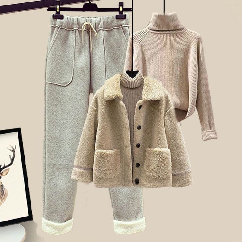 Winter Lamb Fleece Fur Particle Fleece Coat Sweater Casual Pants Three-Piece Set Fashionable Professional Pants Suit for Women