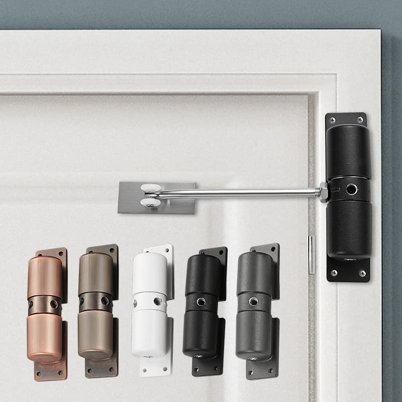 Household door closer with spring, lightweight aluminum alloy, surface-mounted, small, adjustable, buffer pulley, automatic door closing device.