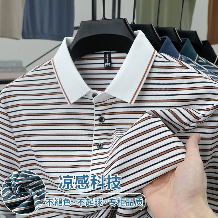 Middle-aged striped men's summer pique cotton short-sleeved shirt 2026 lapel casual shirt half-sleeved top men's clothing dropshipping