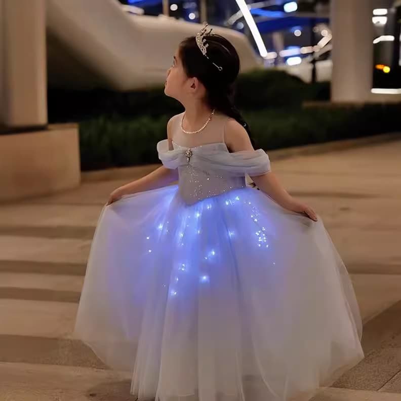 2023 New Girls Princess Dress Elsa Summer Tulle Gown with Lights Glowing Large Diamond Tulle Dress Performance Light-up