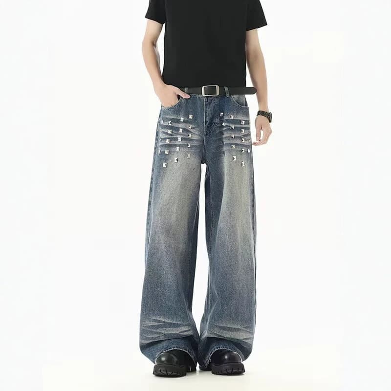 Cross-border retro rivet high-waist straight jeans for men Amazon Xiyin high street casual foreign trade loose trousers
