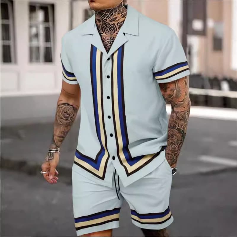 Men's Cuban Collar Shirt Two-Piece Set Fashionable Casual Printed Short Sleeve Shirt and Shorts for Outings