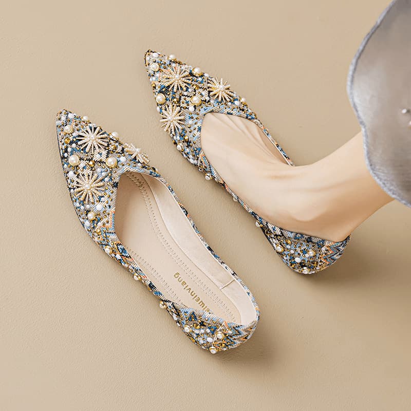 Cross-Border Ethnic Style Flat Shoes for Women Summer 2025 New Rhinestone Metal Print Shallow Mouth Pointed Toe Flat Women's Shoes