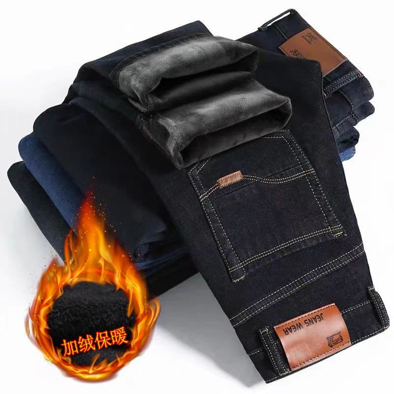 Autumn/winter fleece-lined thickened jeans for men trendy brand loose straight-leg new versatile wear-resistant elastic casual pants