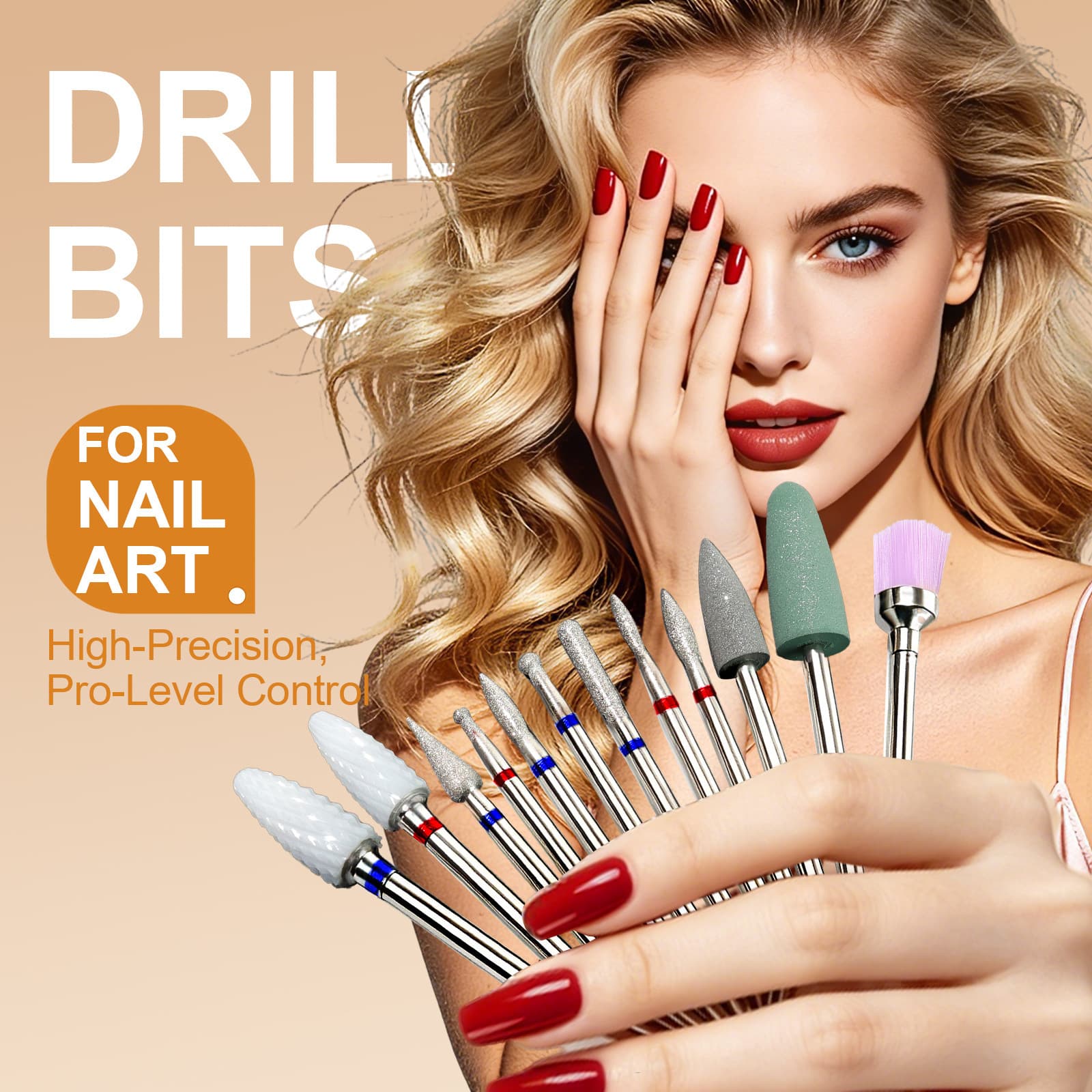Russian-style Front Nail Drill Bit Tool Kit for Shaping Short Nails, Fingertip Grinding, Round Diamond, Ceramic, Tungsten Steel