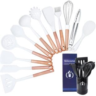 New Cream White Wooden Handle Silicone Kitchen Utensil Set 12-Piece Non-Stick Cookware Spatula Spoon Silicone Kitchen Set