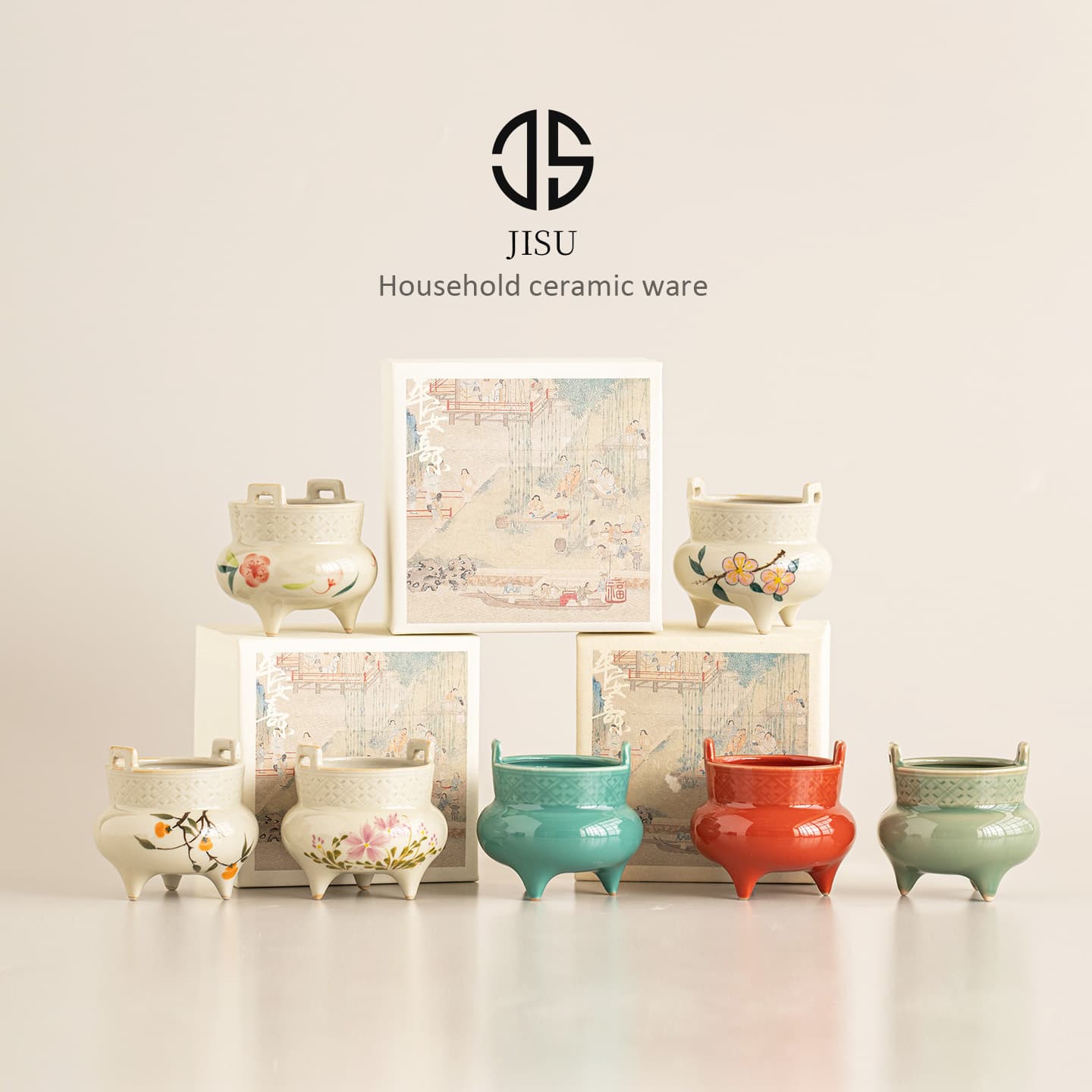 Three-legged cauldron ceramic incense burner, incense holder, suitable for home and indoor use, incense stick base, incense holder, tea ceremony decoration.