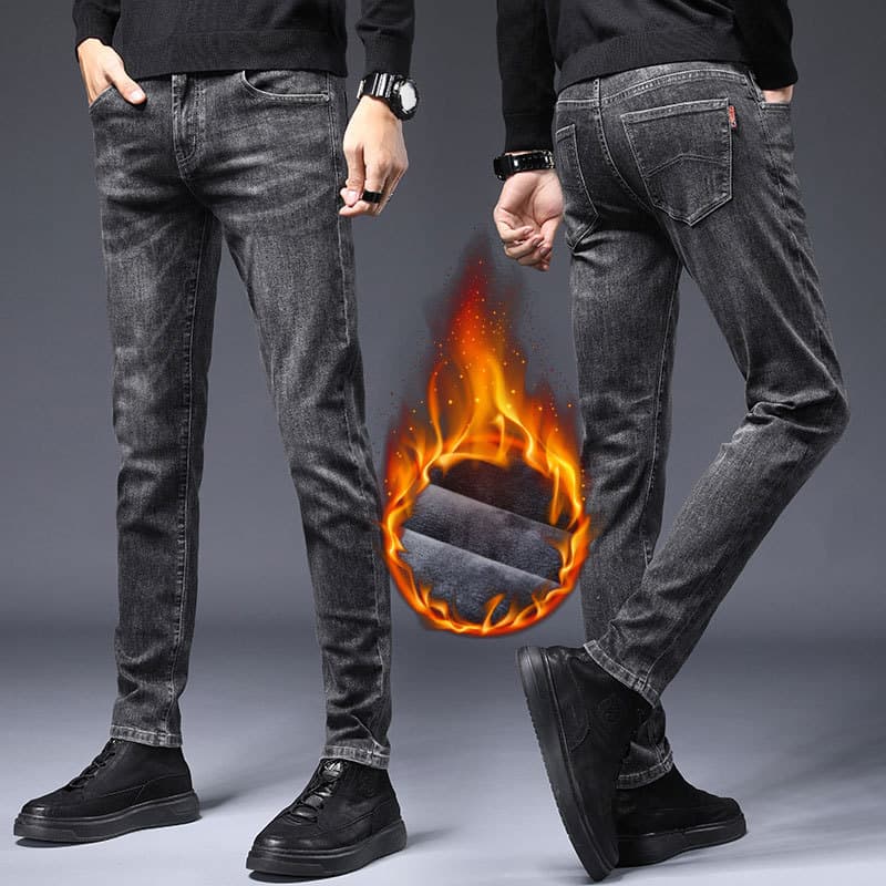 Men's slim-fit jeans, winter style, fleece-lined, thickened cotton-stretch straight leg trousers, trendy and stylish slim-fit long pants.