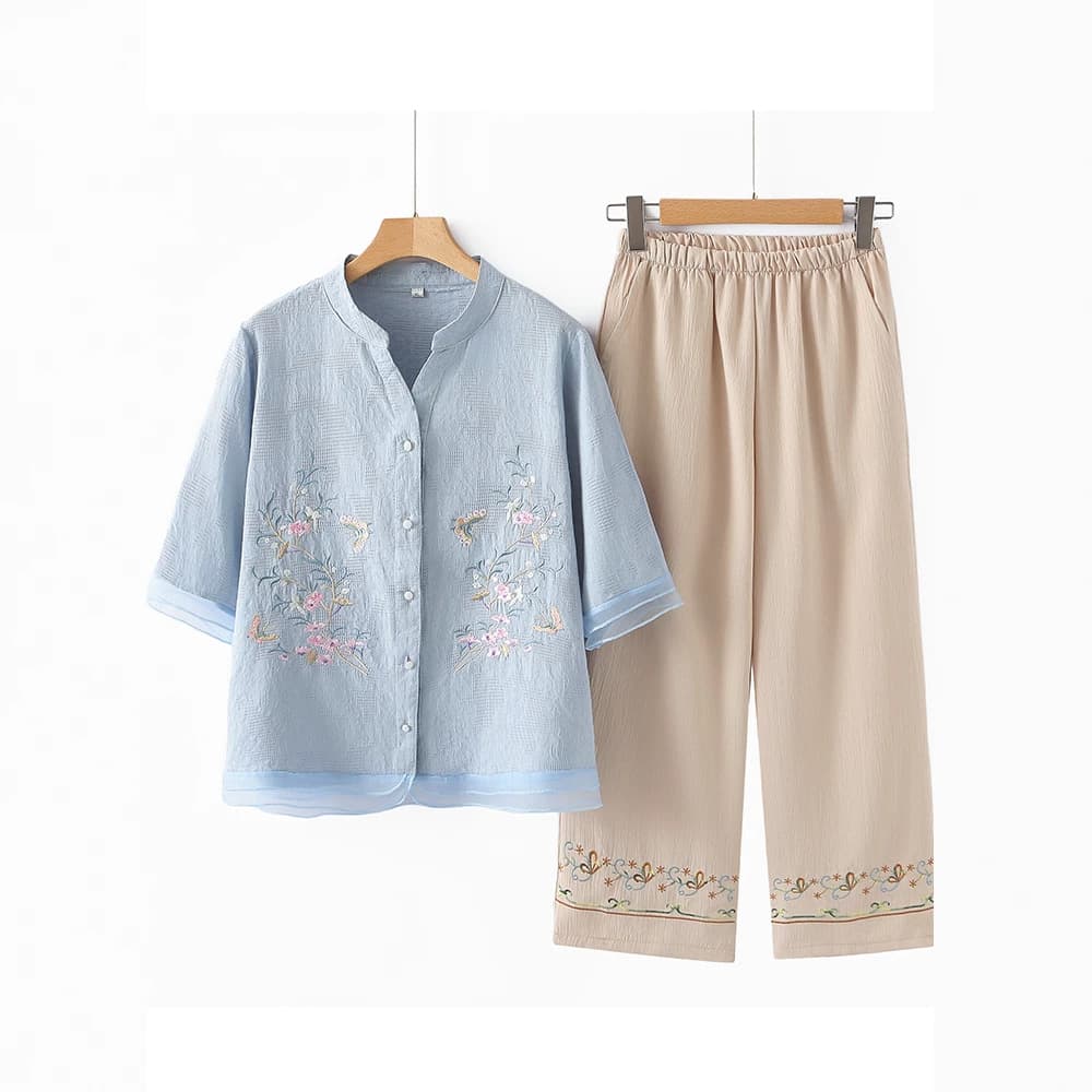 Mom's Summer Suit, Fashionable Cotton and Linen Embroidered Shirt Tops for Middle-Aged and Elderly Women, Women's Summer Clothing