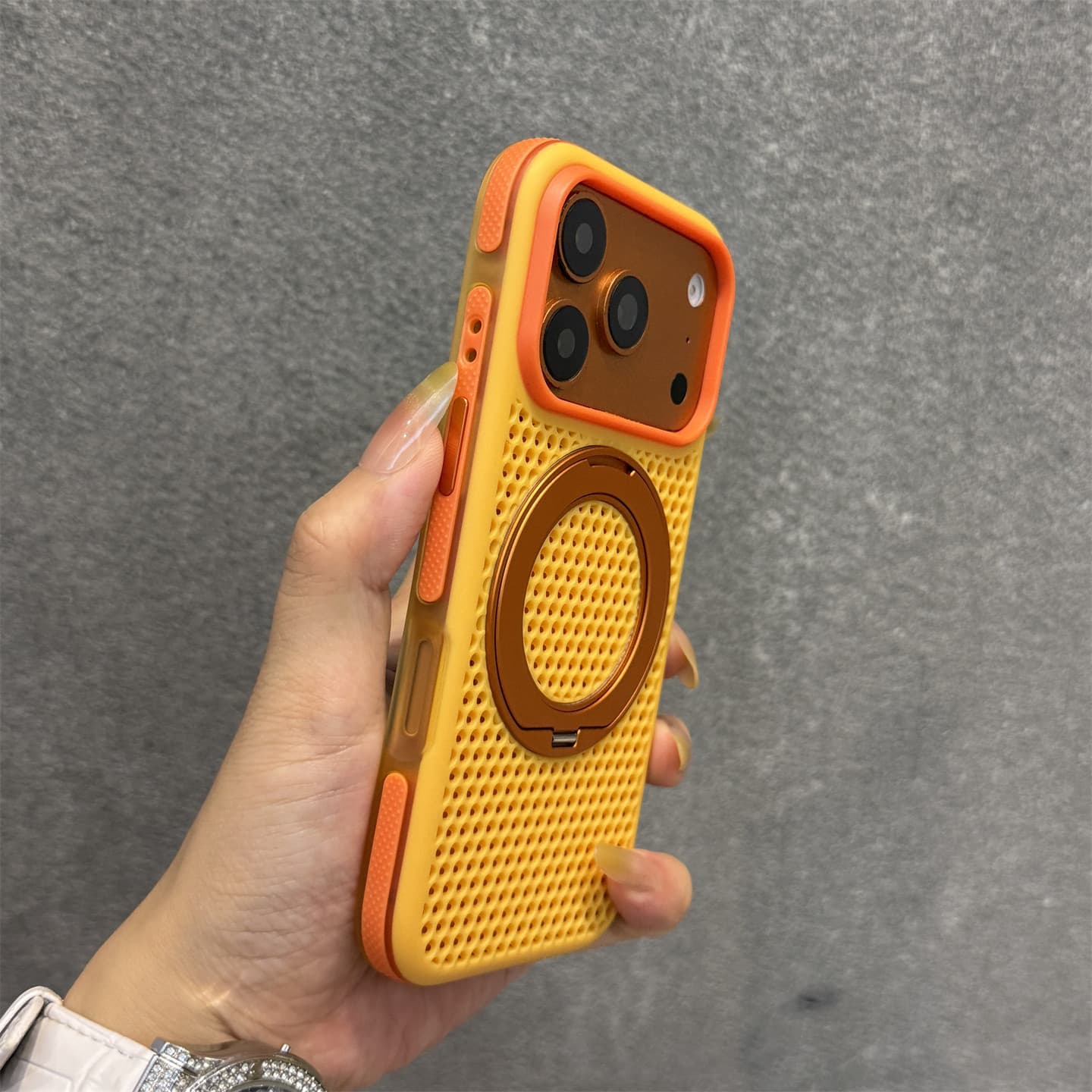 Suitable for iPhone17PROMAX Dopamine Contrast Color Honeycomb Cooling Phone Case Apple 16 Magnetic Rotating Stand