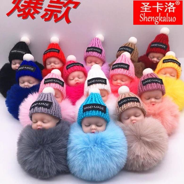 Cute Faux Rabbit Fur Pom Pom Sleeping Doll Keychain Plush Toy Beanie Doll Bag Car Pendant for Women