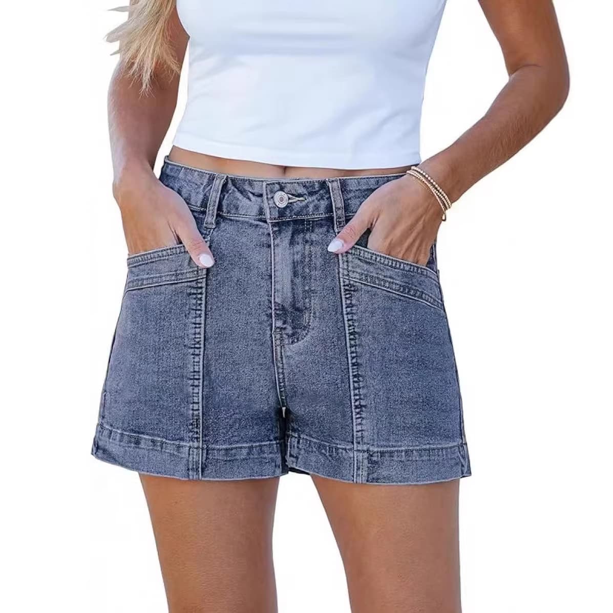 Cross-Border European and American 2026 New Model, Denim Blue Shorts, Front Pocket Patchwork Denim Shorts