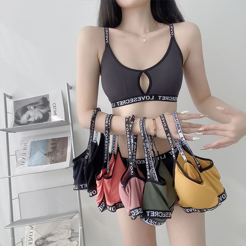 Korean Style Ribbed Backless Camisole Sexy Letter Tank Top Women's Wire-Free Bra with Padded Bra Set