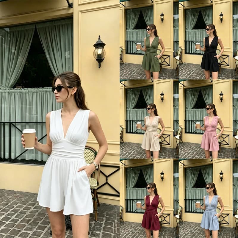 Cross-Border Amazon EU-US Casual Deep V Stretch Sleeveless Jumpsuit Women's Summer Fitted Wide-Leg Shorts