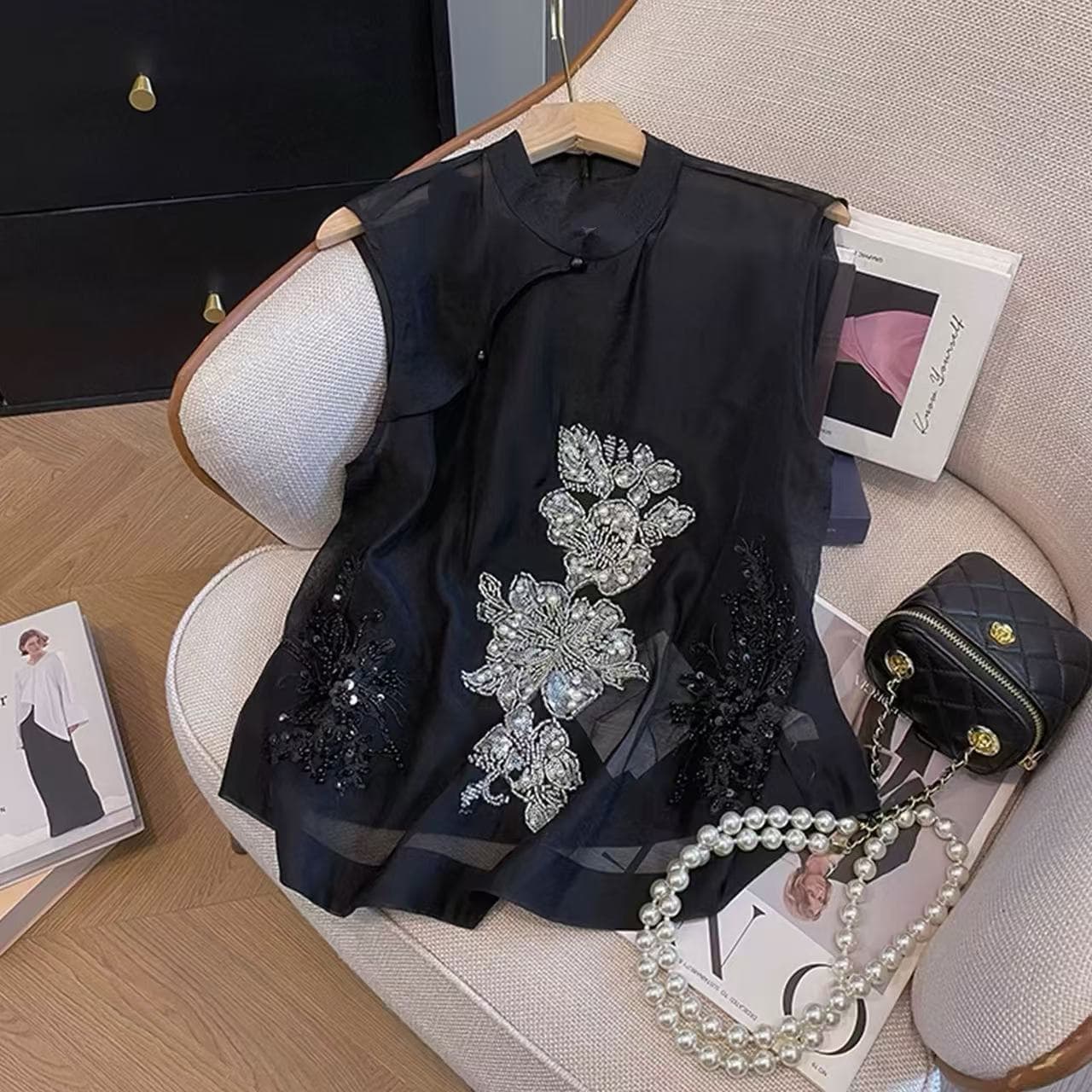 【Mirror Flower, Water Moon】Stunning at First Glance~ Light Chinese Style Sleeveless New Chinese Heavy Craft Sequin Blouse