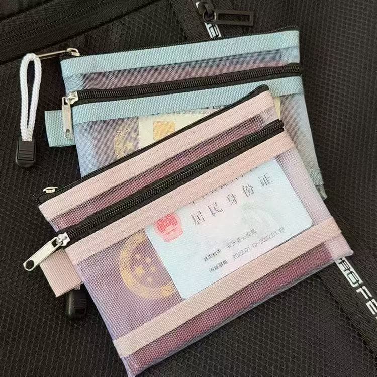 Double-layer mesh passport organizer travel wallet with card slots, coin pocket, boarding pass holder, and ID document pouch