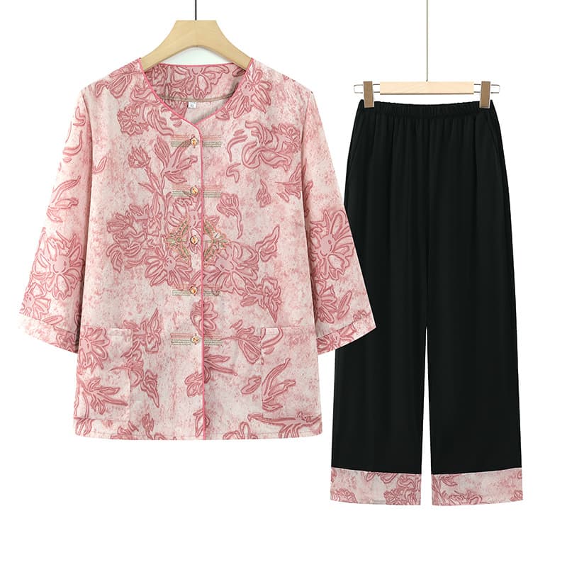 Grandma summer suit new Chinese style elderly women's clothes small old lady summer dress mid-sleeve 70-year-old ice silk