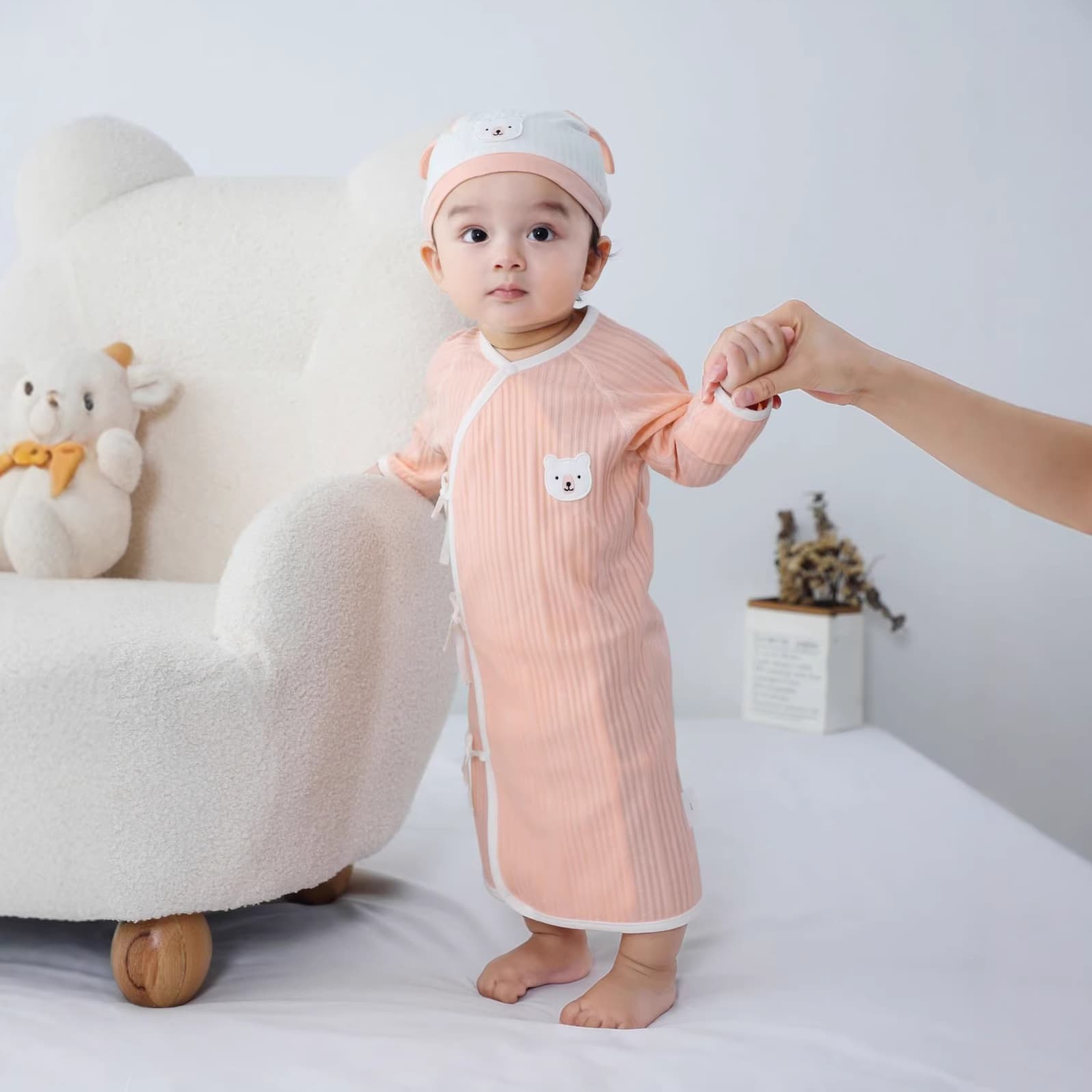 Newborn Baby Sleep Gown, Cotton Bodysuit with Wrap Front and Tie Closure, Anti-Kick One-Piece Monk Style