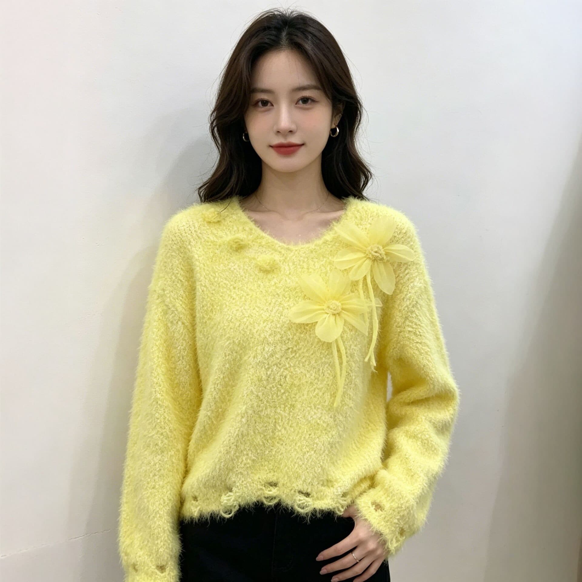Guangzhou Hot-Selling Faux Mink Knit Sweater for Women with 3D Floral Design, Autumn/Winter Gentle and Cute Style, Special Hem with Ripped Details