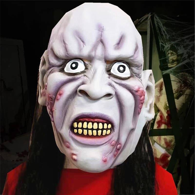Halloween mask black hair evil ghost latex horror with hair full face scary script killing devil headgear haunted house props