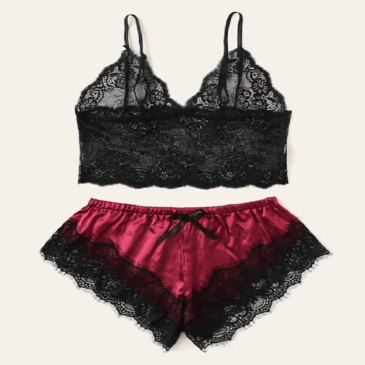 Europe and USA Foreign Trade Sexy Lingerie Lace Split Three-Piece Sexy Strap See-Through Pajama Set Wholesale