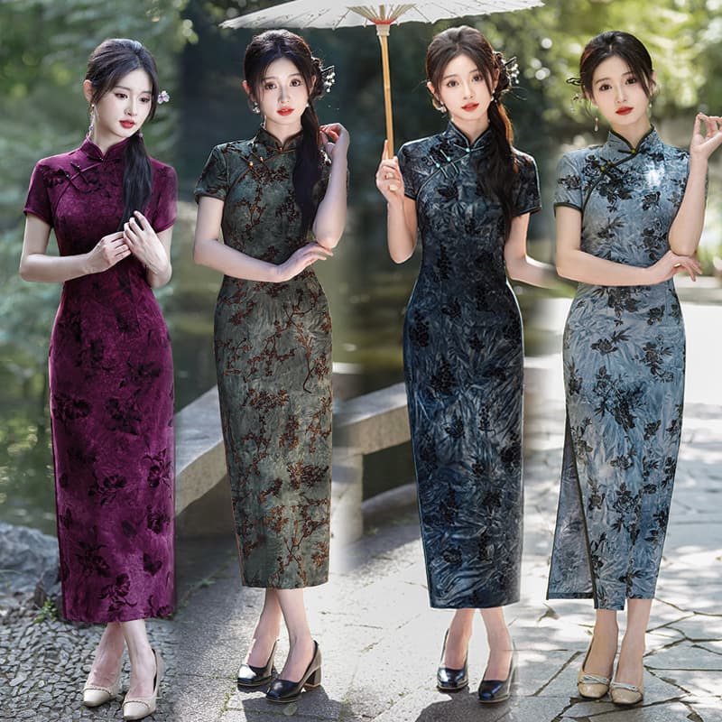2026 Summer and Autumn New Style Improved Velvet Cheongsam, New Chinese Style, Plus Size, Long, Wedding Banquet Gift, Mother's Day Performance, Wholesale Available