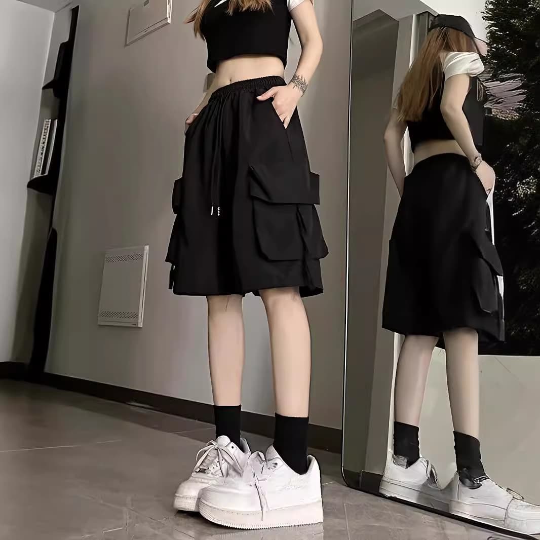 Y2K spring and summer black drawstring cargo shorts elastic band pocket loose pants women's clothing