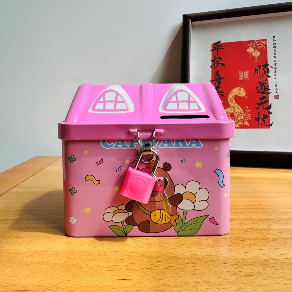 Animal picture tinplate with lock piggy bank children's cartoon house Capibala birthday piggy bank can be deposited and removed