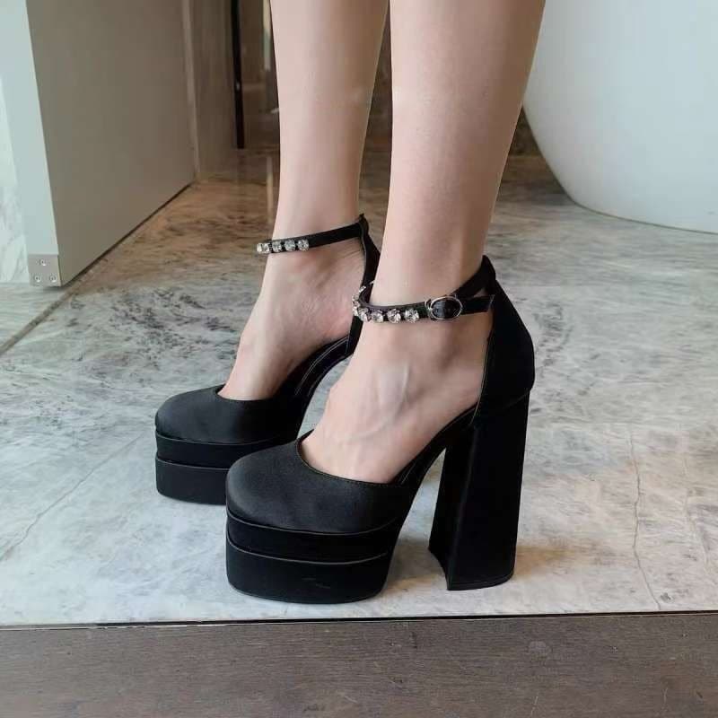 Korean-style Ultra-High Heel Rhinestone Sandals with One-Strap High Heels, Women's Chunky Heel Waterproof Platform Thick-Soled Mary Jane Shoes for 2026