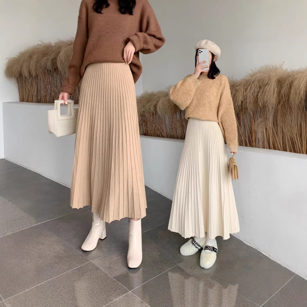 Knitted Pleated Skirt for Women New Fall/Winter High-Waist Slimming Bodycon Flared A-Line Long Skirt with Draping